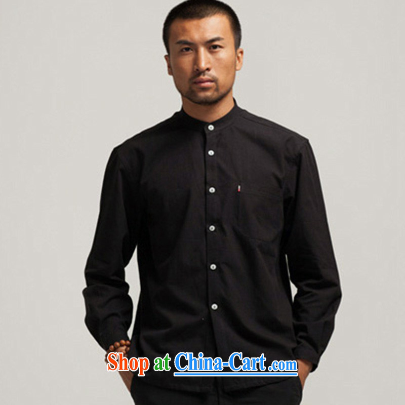 De-tong also lifting cotton muslin tang on men's shirts 2015 Chinese Spring and Autumn and solid T-shirt Chinese wind surrounded the collar black XXL, de-tong, and shopping on the Internet