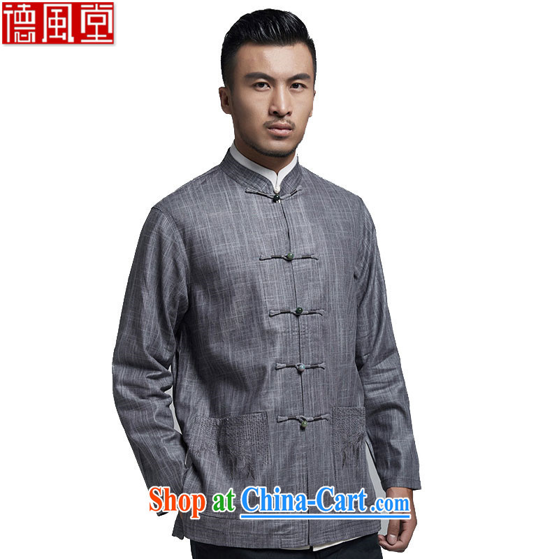 De-tong weight linen in older Chinese men's T-shirt Chinese wind-snap embroidery 2015 autumn and winter leisure jacket dark gray 4 XL