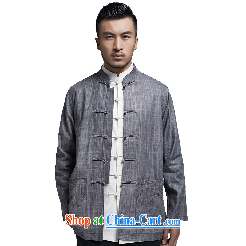 De-tong weight linen in older Chinese men's T-shirt Chinese wind-snap embroidery 2015 autumn and winter leisure jacket dark gray 4 XL, de-tong, and shopping on the Internet