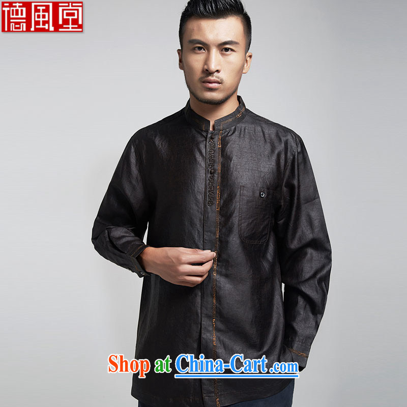 De-Tong Ya taxi silk Chinese men's shirts Hong Kong cloud yarn long-sleeved three-dimensional embroidery China wind male 2015 spring black 52/XXXL, de-tong, shopping on the Internet