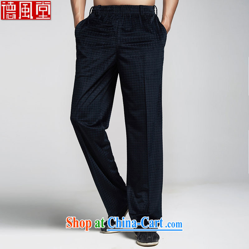 De-tong 2015 good deeds, lint-free cloth men's Chinese Winter pants embroidery Chinese Elasticated waist China wind men's dark blue 50