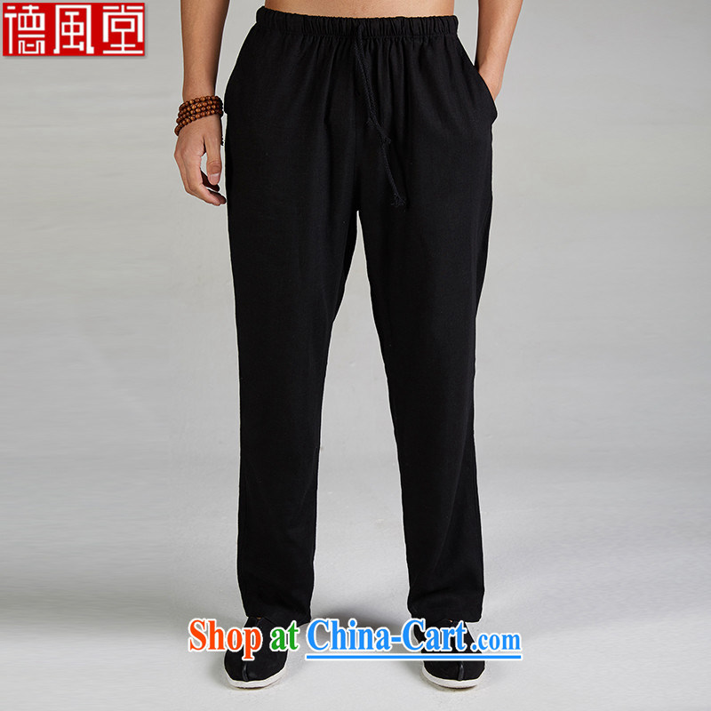 De-tong wind 2015 linen Chinese summer men's trousers loose pants Chinese pant elastic original Chinese wind male black XXL