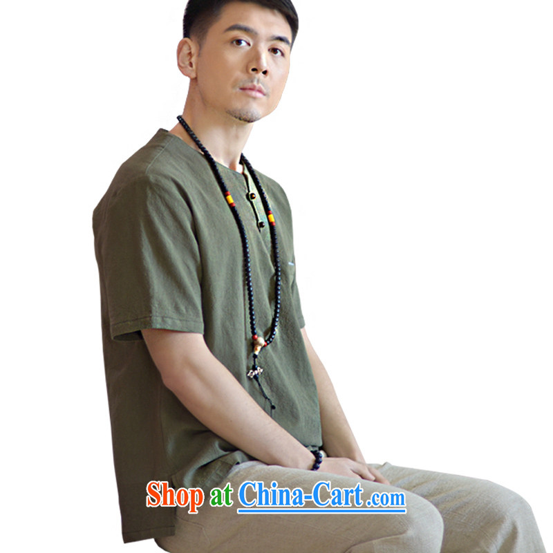 Hill People Movement China wind linen men's Chinese T-shirt loose Chinese Antique leisure T-shirt and dark green summer 180, at the foot of the mountains, sports, and shopping on the Internet