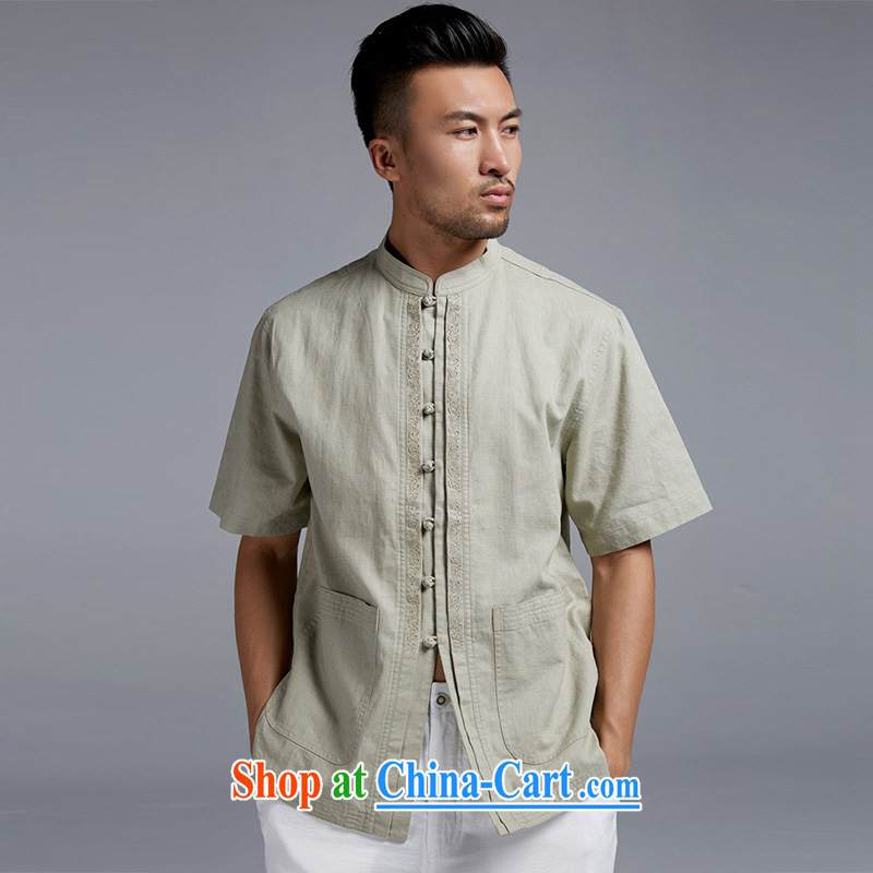 Wind, together with the terrace in summer 2015 short-sleeved cotton the male Chinese Chinese, for cultivating small shirt boutique men's light green XXL, de-tong, online shopping