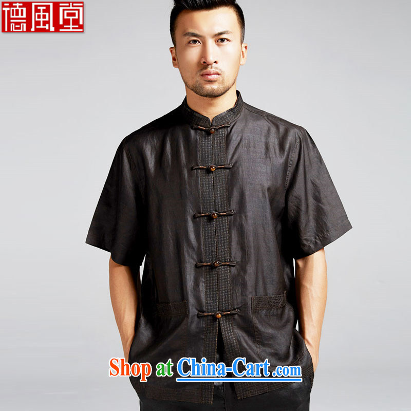 De-tong, Slovenia is silk summer 2015 men's Chinese short-sleeved Chinese elderly in shirt China wind male black XXL