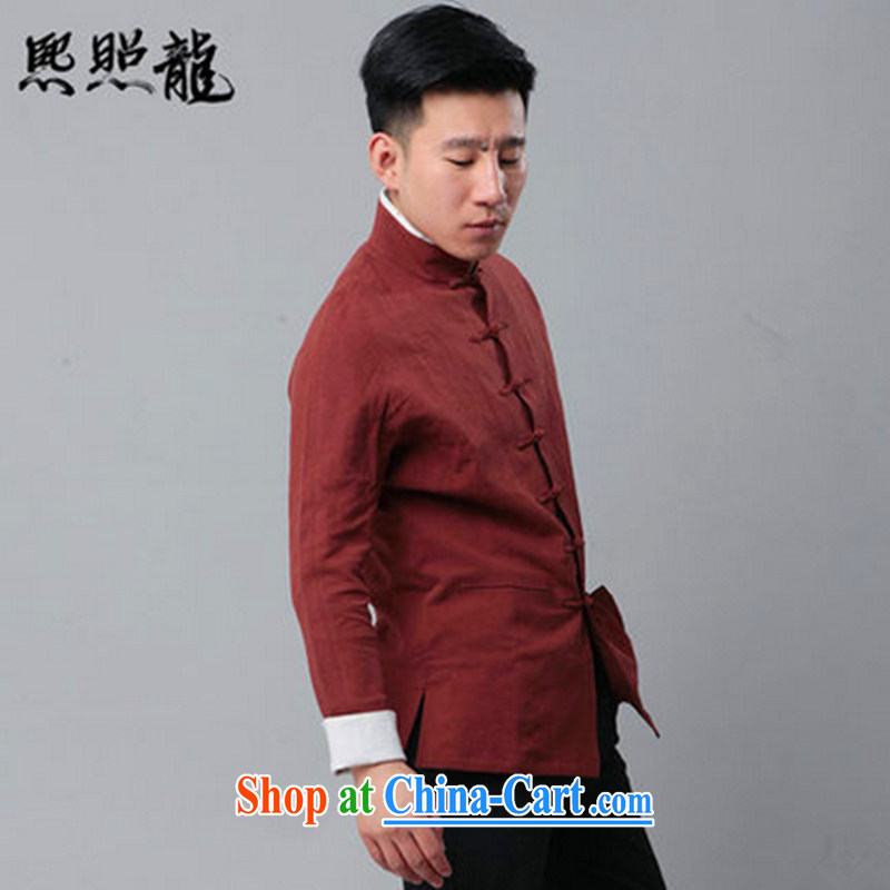 Hee-snapshot, new double-decker high collar long-sleeved men's Chinese shirt jacket cotton Ma China wind Tang is deep red S