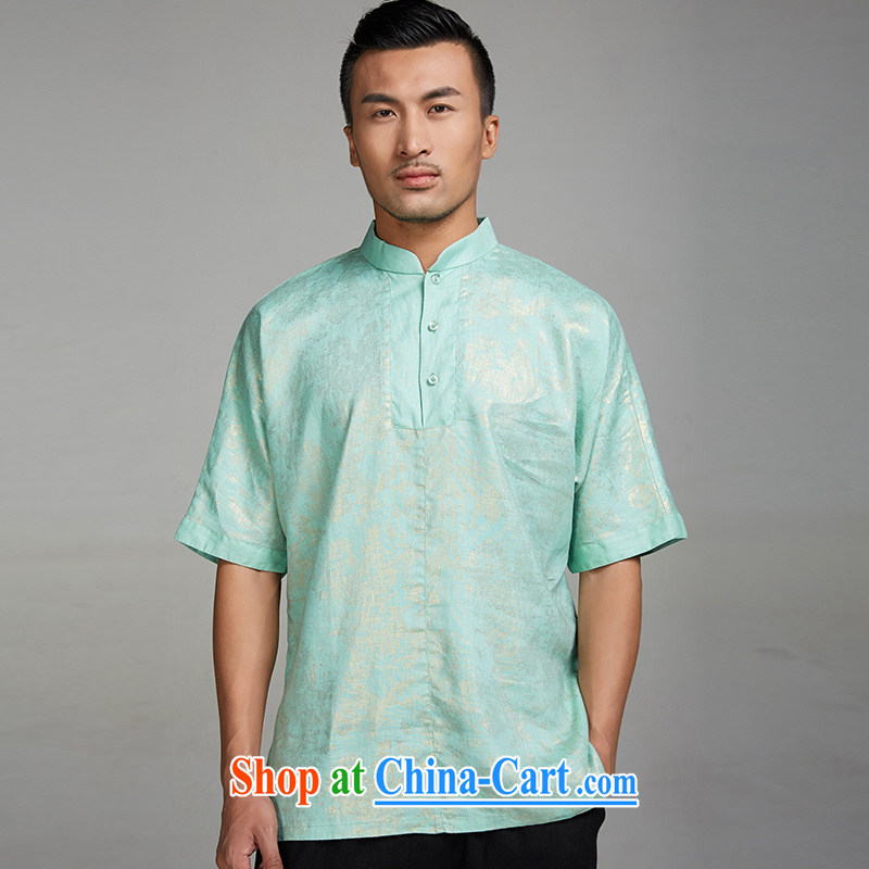 Wind, Kim, 2015, Kim sprinkler linen double-shoulder Tang with male T shirts Chinese summer sweater short-sleeved Chinese wind men's Chinese clothing green XL, de-tong, shopping on the Internet