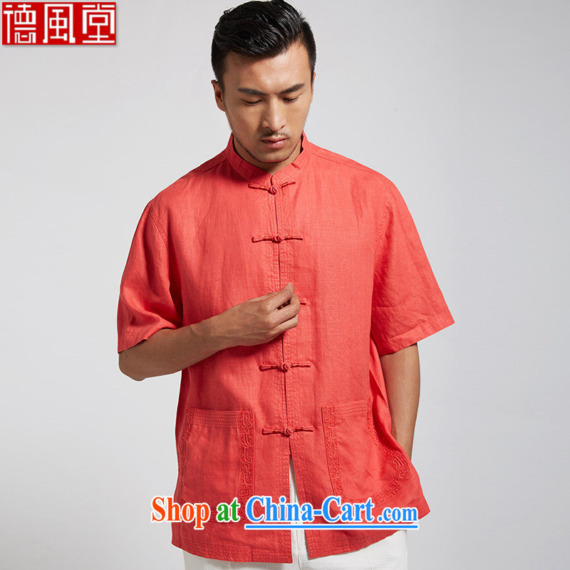 De-tong upwind 2015 linen men's style with embroidered Chinese Tang replace short-sleeved Ethnic Wind shirt Chinese clothing light red XXXL