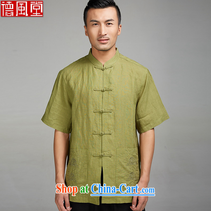 De-tong Yu should be 2015 flax, older men Tang is a short-sleeved shirt embroidery China Summer winds, Chinese clothing yellow and green XXXL, de-tong, shopping on the Internet