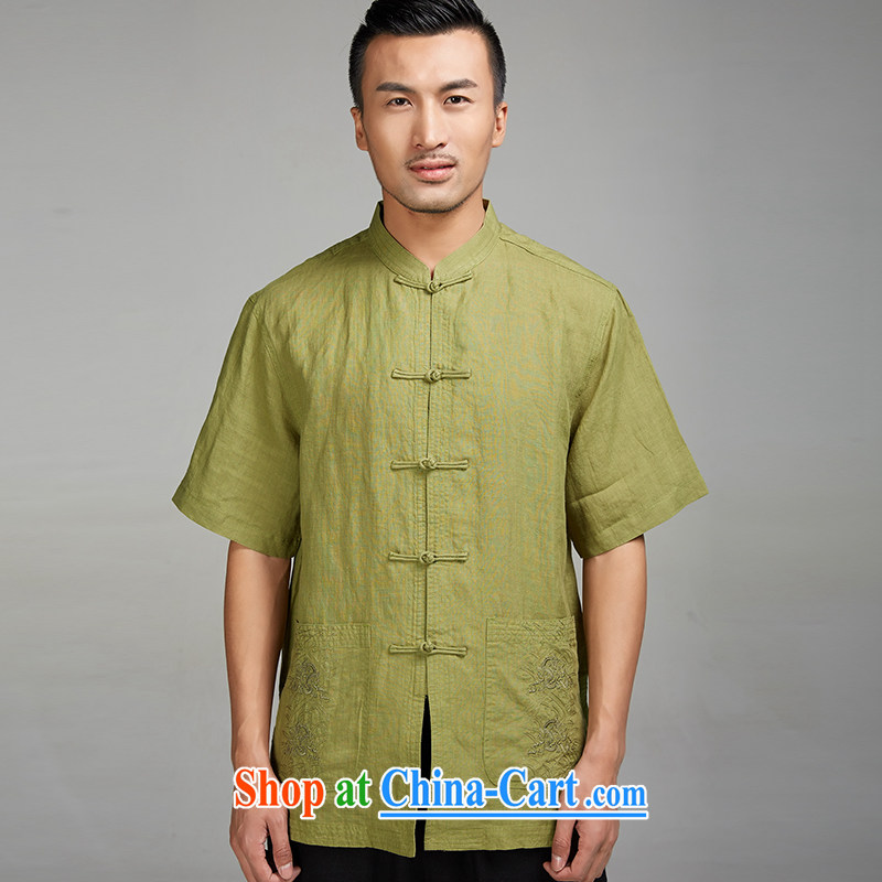 De-tong Yu should be 2015 flax, older men Tang is a short-sleeved shirt embroidery China Summer winds, Chinese clothing yellow and green XXXL, de-tong, shopping on the Internet