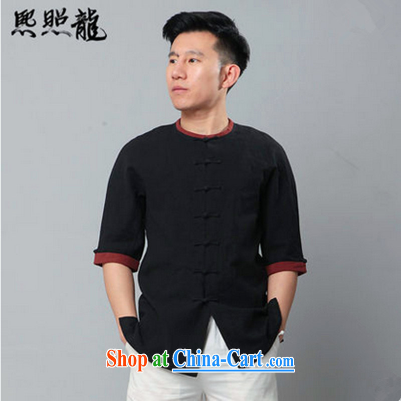 Hee-snapshot Dragon classic New Chinese men and a short-sleeved knocked color round-collar short-sleeved cotton shirt the Chinese wind dark gray XL, Hee-snapshot lung (XZAOLONG), online shopping