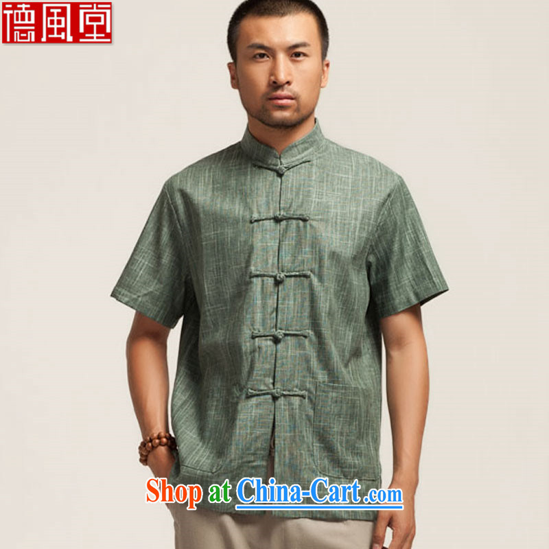 De wind church green field 2015 linen Chinese men and a short-sleeved Chinese summer shirt hand-tie China wind men's clothing Chinese clothing dark green XXXL