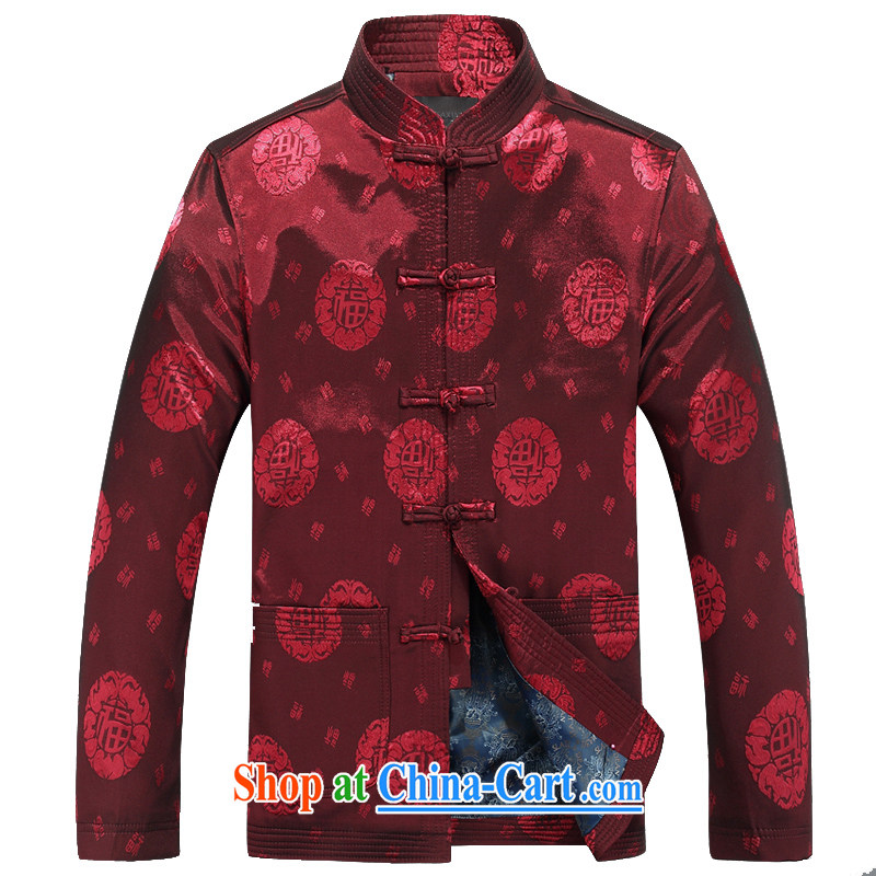 Spring and Autumn and men well field Tang jackets T-shirt middle-aged and older, for well field birthday T-shirt ethnic-Chinese hand-tie jacket older well the cuff jacket dark red XXXL