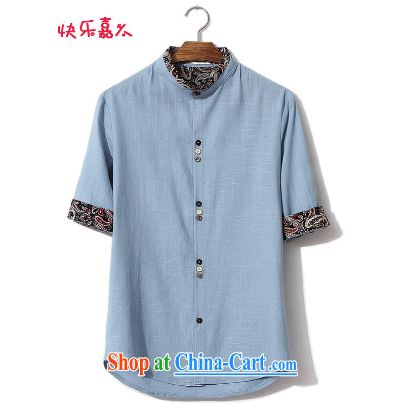 Card West Ethnic Wind up for the fat increase, short-sleeved linen shirt large 5 T-shirt DC 8835 blue 5 XL