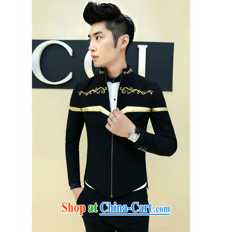 2015 spring new male Korean leisure embroidery, collar jacket XZ 08 black XXL, happy, and shopping on the Internet