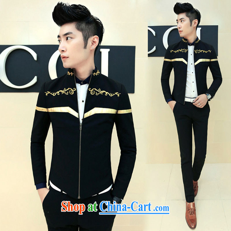 2015 spring new male Korean leisure embroidery, collar jacket XZ 08 black XXL