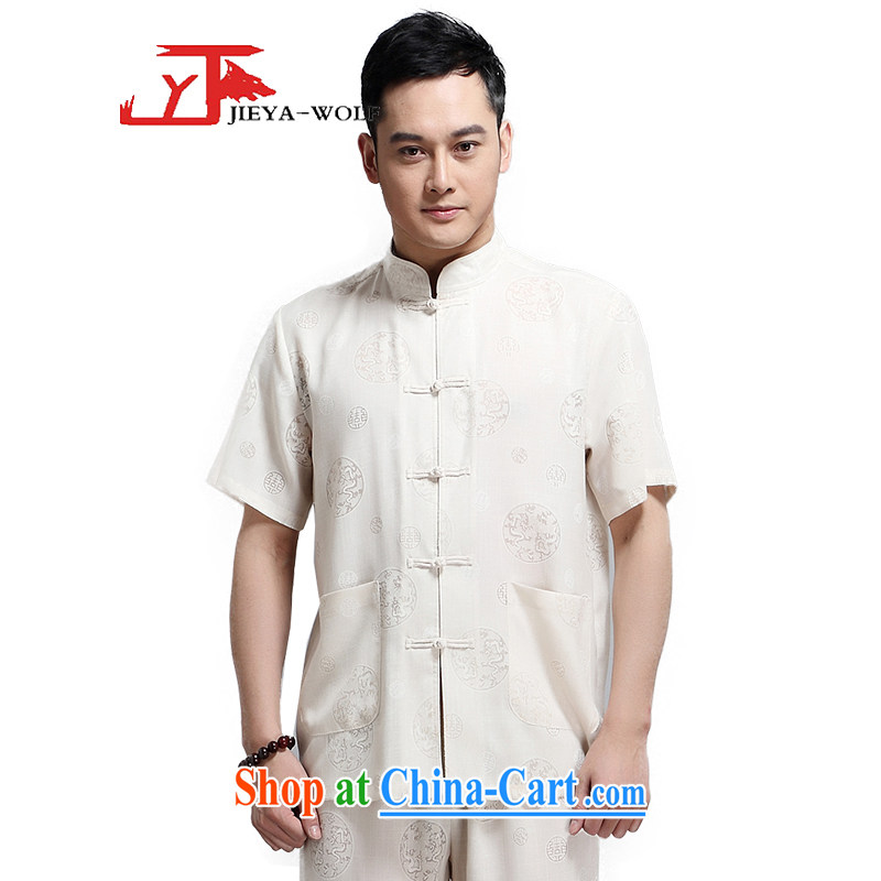 Cheng Kejie, Jacob - Wolf JIEYA - WOLF new kit Chinese men's short-sleeved advanced thin cotton MA the dragon summer solid color, China wind men with beige 190/XXXL, JIEYA - WOLF, shopping on the Internet