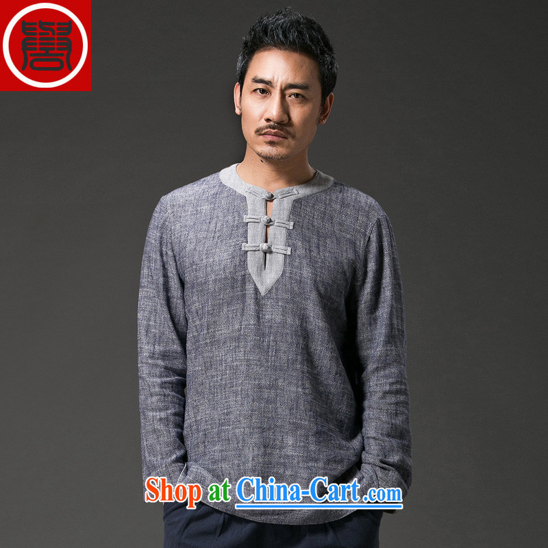 Internationally renowned China's air-men's long-sleeved shirt T shirt-neck-tie Chinese linen round-collar T-shirt casual retro male-han-T-shirt dark gray jumbo (2XL), internationally renowned (CHIYU), online shopping