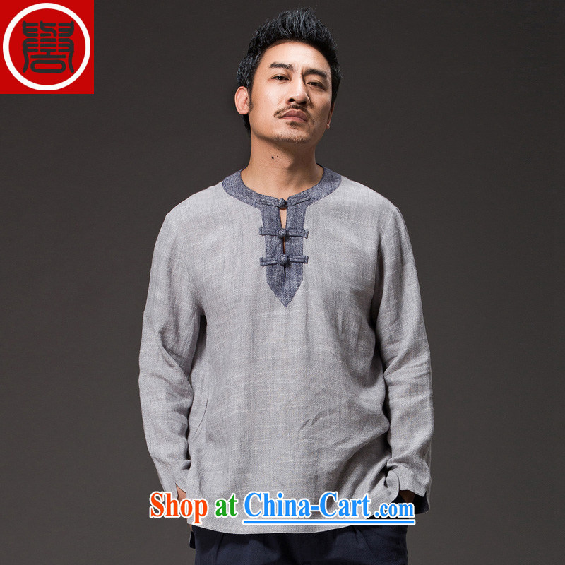 Internationally renowned China's air-men's long-sleeved shirt T shirt-neck-tie Chinese linen round-collar T-shirt casual retro male-han-T-shirt dark gray jumbo (2XL), internationally renowned (CHIYU), online shopping