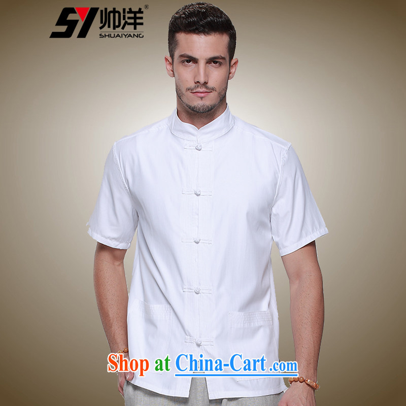 cool ocean 2015 New Men's Chinese short-sleeved T-shirt summer Chinese shirt, older men and national costumes China wind-tie retro shirts, for China wind white 43_185