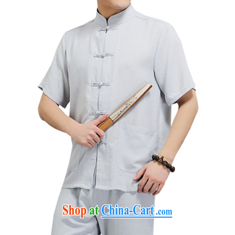Adam's old Summer 2015 new leisure men's National wind male Chinese clothing summer, older men and a solid color cotton Ma short-sleeved Chinese Kit gray 190 code kit