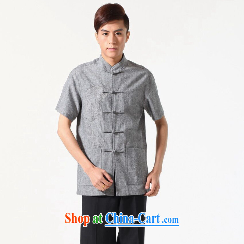 Dan smoke summer New Men's short-sleeved Chinese Chinese, for the cotton shirt embroidery, solid-colored breathable original male Tang - A dark 3XL, Bin Laden smoke, shopping on the Internet