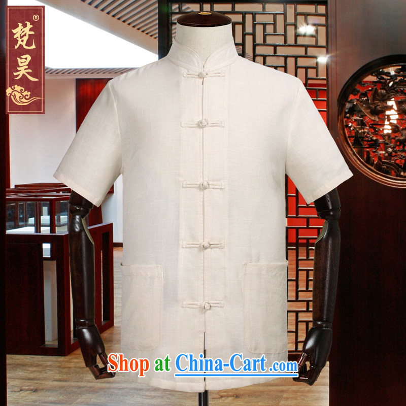 Van Gogh's older Chinese men and summer short-sleeved cotton Ma Chinese linen shirt half sleeve kung fu T-shirt DM 507 yellow L