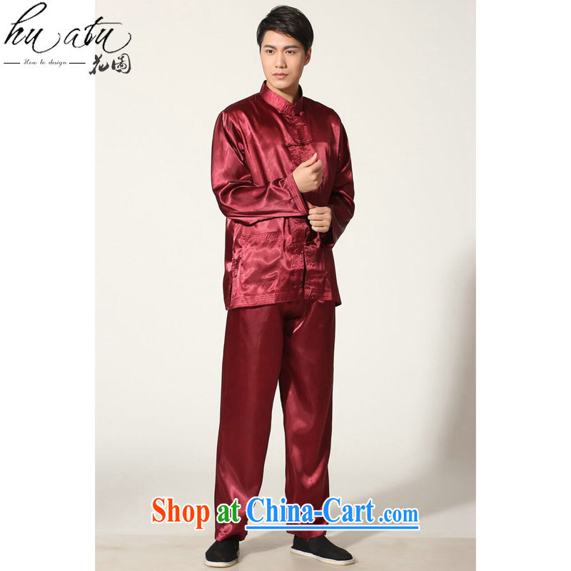 Take the male Chinese damask Tai Chi uniforms kung fu T-shirt Chinese, for national wind long-sleeved comfortable trousers men's kit Magenta 2 XL