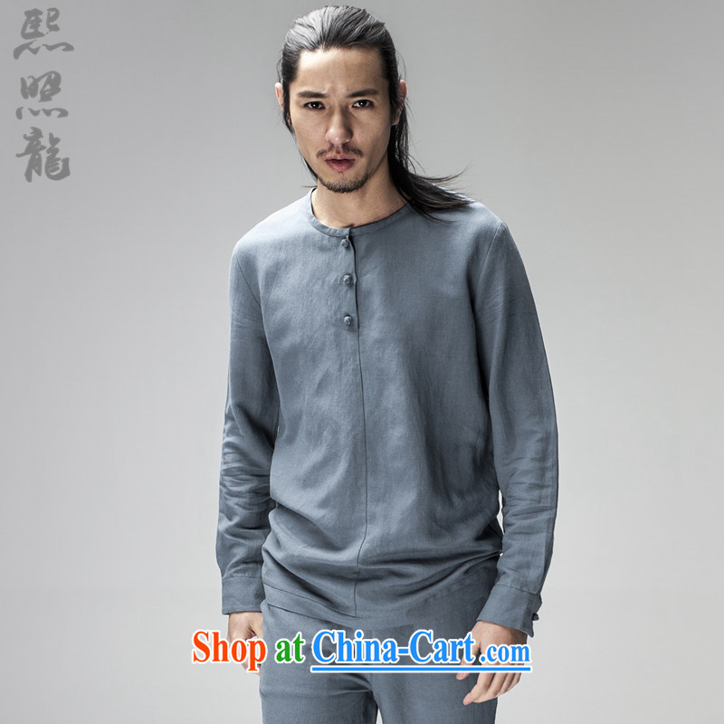 Hee-snapshot Dragon original innovative Chinese long-sleeved and no collar shirt men's lax ramie blended thin drape shirt black XL, Hee-snapshot lung (XZAOLONG), online shopping