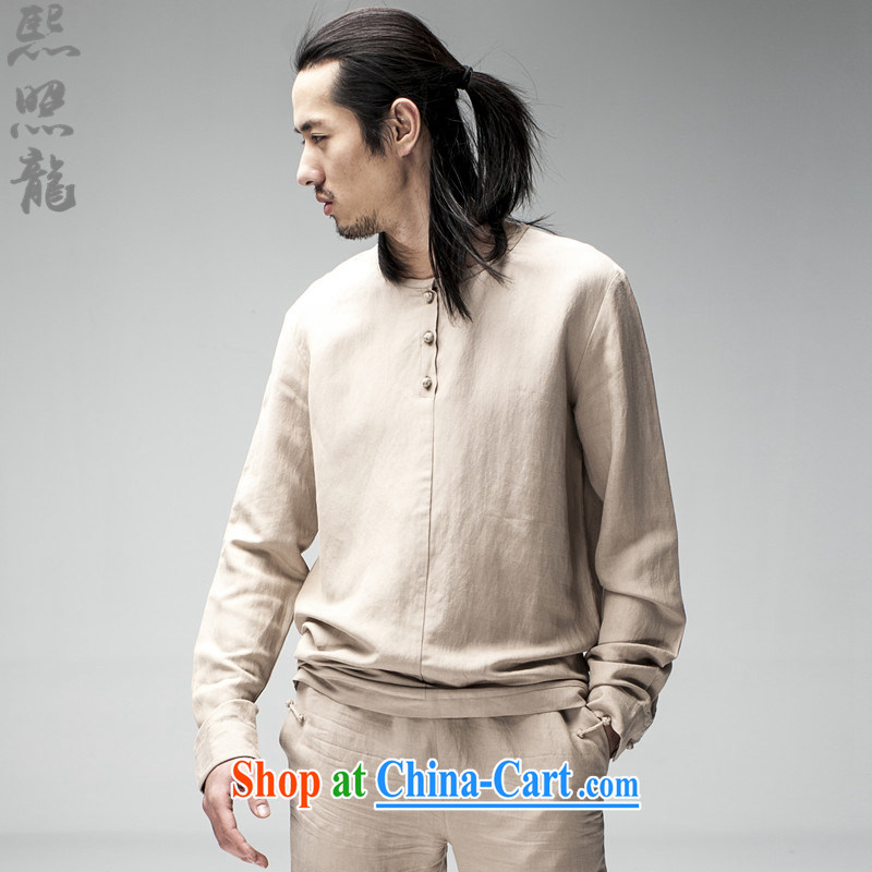 Hee-snapshot Dragon original innovative Chinese long-sleeved and no collar shirt men's lax ramie blended thin drape shirt black XL, Hee-snapshot lung (XZAOLONG), online shopping