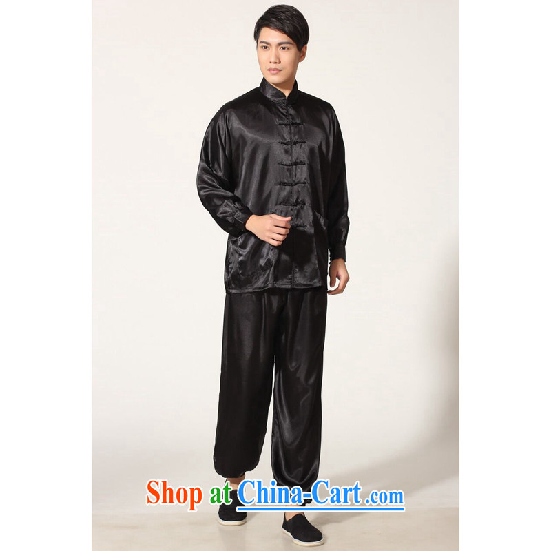 Take the men's new Chinese Chinese improved and satins for Tai-chi Kit solid-colored ends of Kung Fu shirt long-sleeved Package - A black XXL