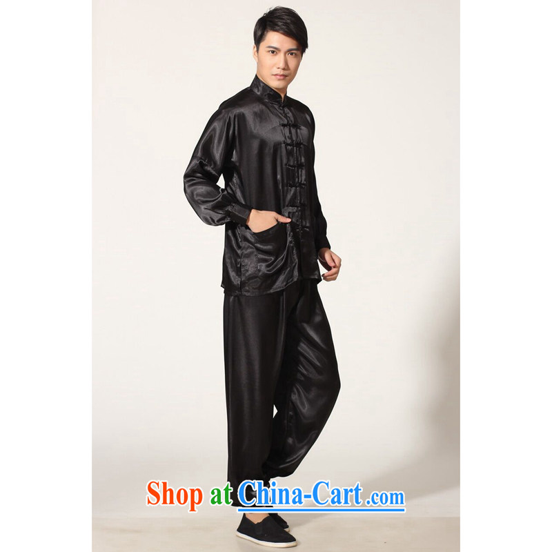 Take the men's new Chinese Chinese improved and satins for Tai Chi uniform solid color of the flap kung fu T-shirt long-sleeved Package - A black XXL, figure, and shopping on the Internet