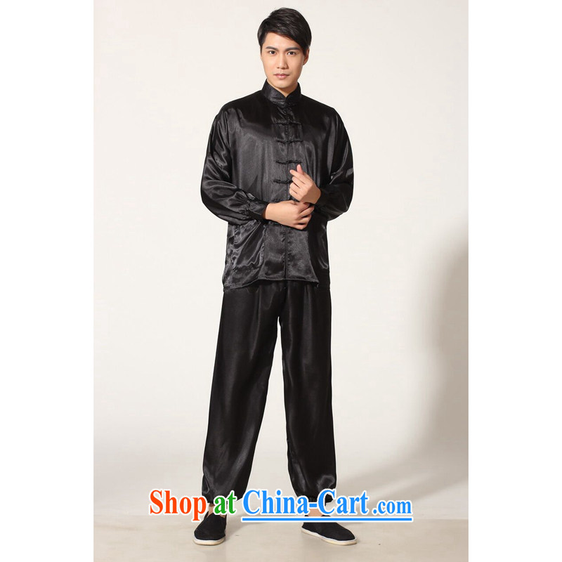 Take the men's new Chinese Chinese improved and satins for Tai Chi uniform solid color of the flap kung fu T-shirt long-sleeved Package - A black XXL, figure, and shopping on the Internet
