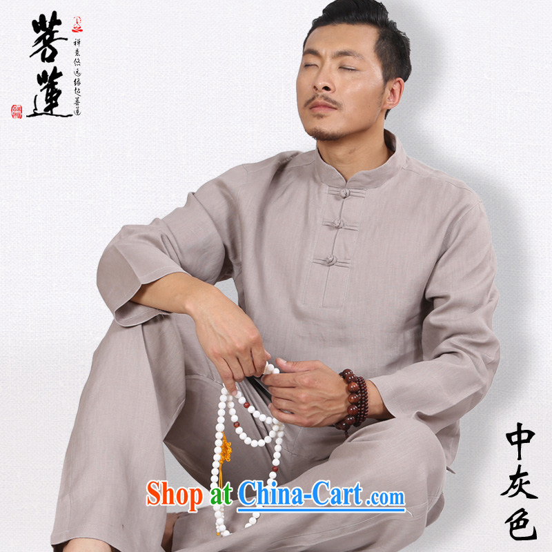 Restrictive Lin plain linen men's spring, long-sleeved China wind Chinese collar meditation Nepal yoga clothes meditation service gray XXL