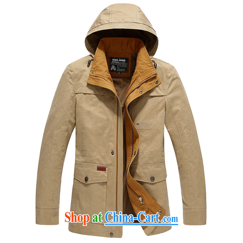 Jeep shield 2015 solid color jacket men's long smock, with a hat and leisure life cotton jacket 9019 khaki-colored XXXL