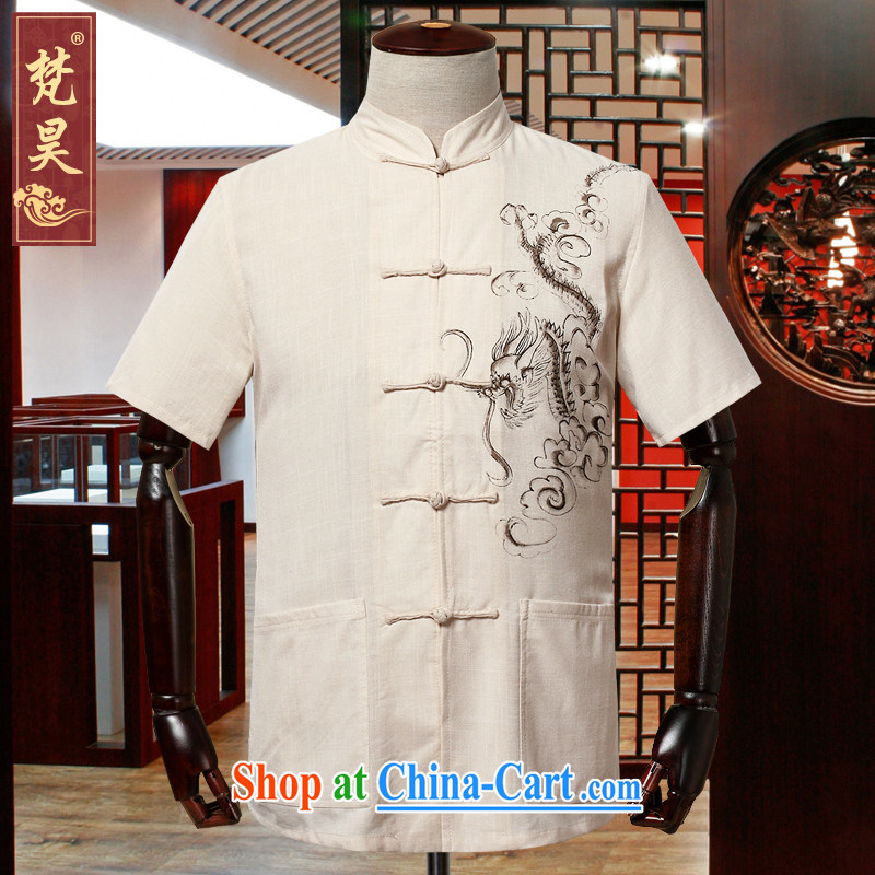 Van Gogh's annual summer 2015 solid color thin cotton the Chinese men's short-sleeved China wind simplicity Dragon stamp the code half sleeve male DM 501 Cornhusk yellow XL