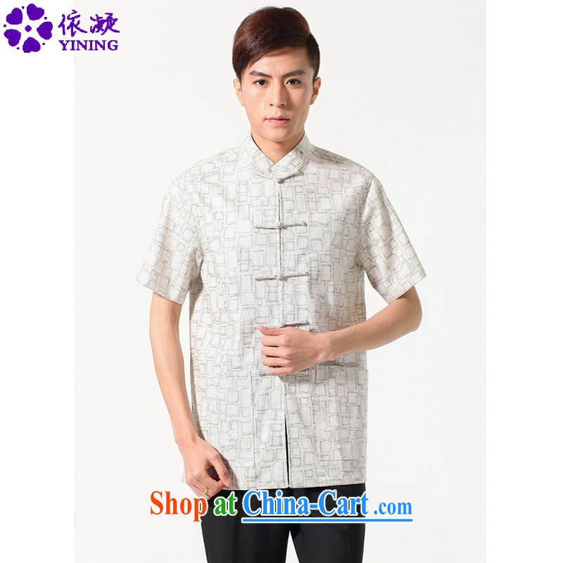According to fuser summer new male Chinese Ethnic Wind improved Chinese qipao classical-tie father with Chinese T-shirt with short sleeves LGD_M 0054 _beige 3XL