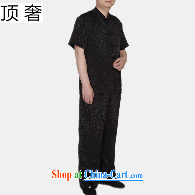 Top luxury Chinese package men and a short-sleeved summer new male 2015 relaxed version China wind-buckle black Tang package installed is the increase of the collar T-shirt black Dragons Kit 185