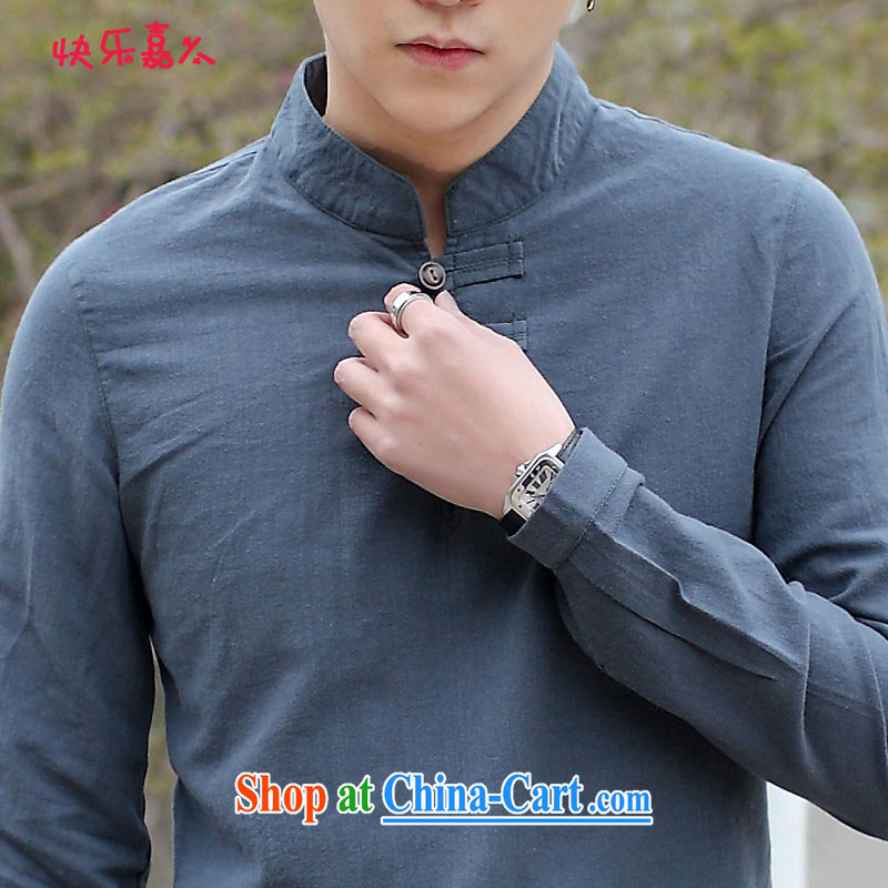 Retro China wind linen men's long-sleeved T-shirt, for a solid color shirt 8011 Tibetan cyan XXL, happy, and shopping on the Internet