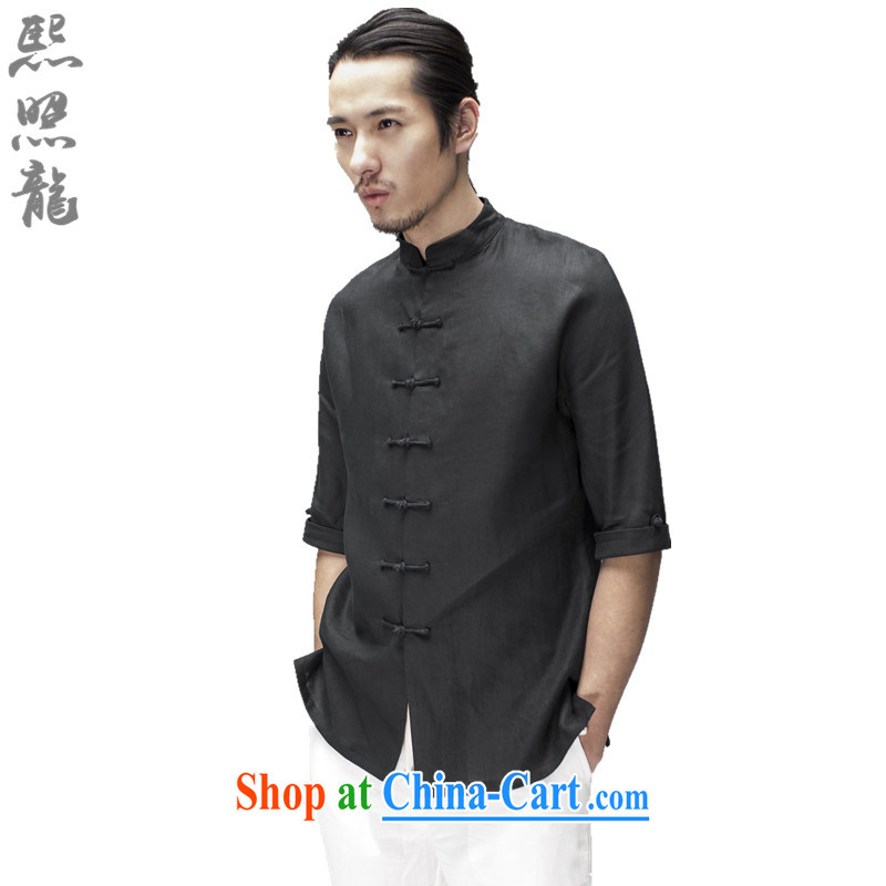 Hee-snapshot Dragon Chinese men's summer short-sleeved Chinese, for plain linen shirt China wind men's men's costumes clothing black M