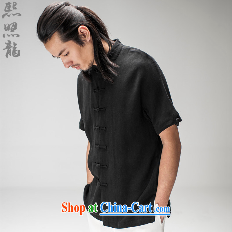 Hee-snapshot Dragon new Chinese male summer 2015, linen adhesive male Chinese short-sleeved shirt fabric super-soft do not have black XL