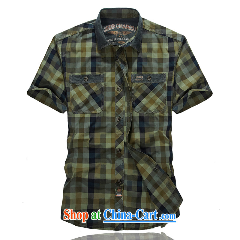 Jeep vehicles summer the code carefully checked short-sleeved shirt men's comfortable washable tie shirt cotton shirt 8515 army green L