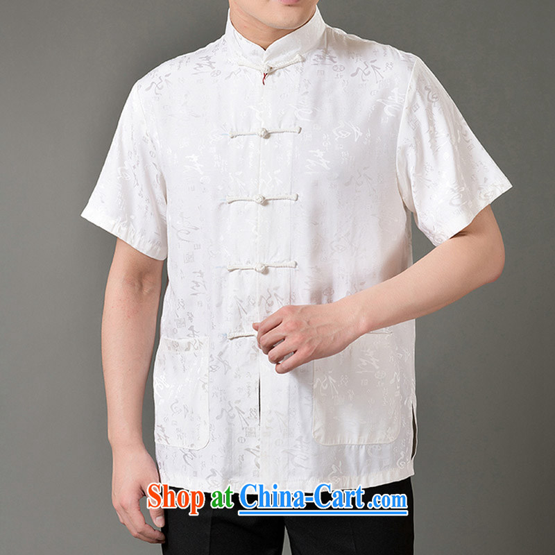 Federal Bob poetry short-sleeved Chinese male, older men and Chinese summer 2015, emulation, Tang Replace T-shirt hand-tie dress Chinese, for Chinese White M_165