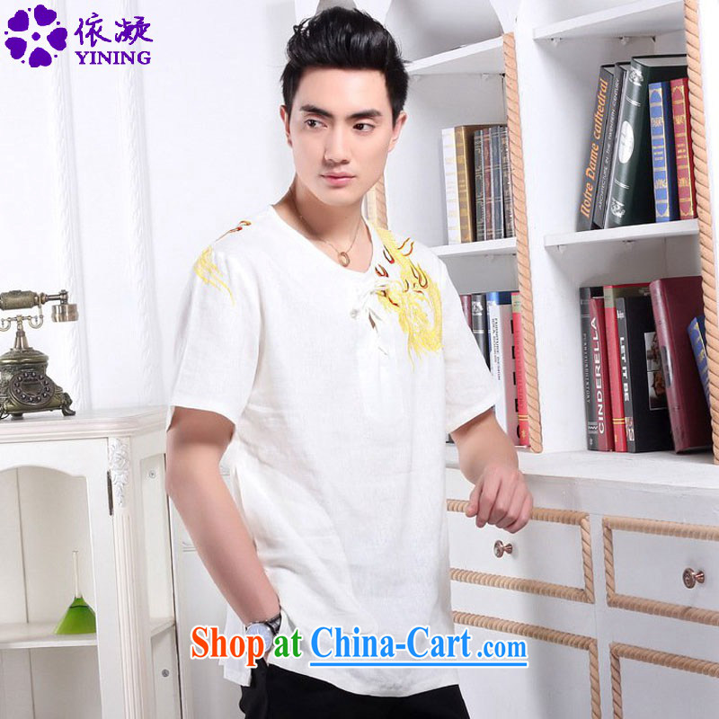 According to fuser new male retro Ethnic Wind short-sleeved Chinese T-shirt embroidered dragon used boxing kung fu shirt costumes WNS_2397 _2 white L