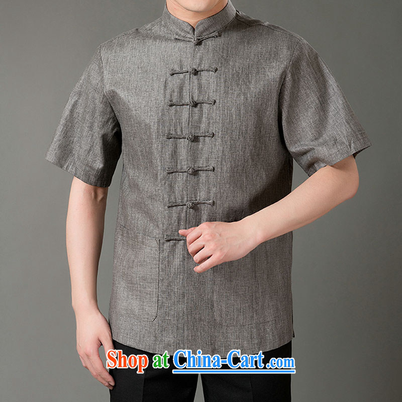 Federal Bob poetry short-sleeved Chinese men and elderly people in 7 snap-tang with 2015 summer cotton, the Chinese T-shirt hand-tie dress Chinese, for Chinese dark gray M_165