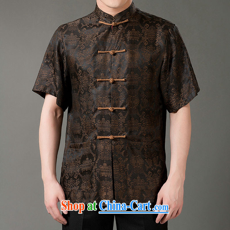 Federal Bob poetry short-sleeved Chinese men and elderly people in Hong Kong cloud yarn male Chinese summer 2015, silk Chinese hand-tie national costumes, Chinese collar Tang with deep coffee XL/175, the Federation Bob poetry (lianbangbos), online shoppin