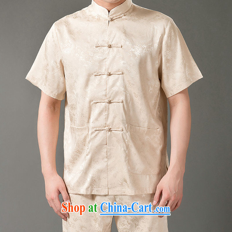 Federal Bob poetry short-sleeved Chinese male, older men and Chinese summer 2015, emulation, Tang Replace T-shirt hand-tie dress Chinese, for Chinese beige XL_175