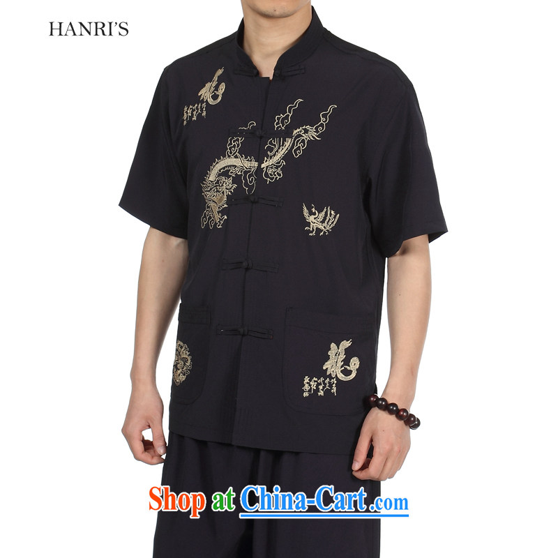 Han Rui hanris 15 summer men's national element vertical for the charge-back shirt Chinese dragon embroidery Chinese Tang trouser press, elderly on cyan T-shirt 43_185