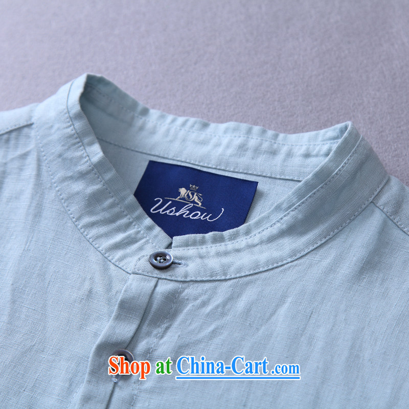 USHOW spring 2015 new designer original linen shirt, for high-end men's long-sleeved T-shirt and stylish casual shirt Lake blue 5 XL 45, USHOW, shopping on the Internet