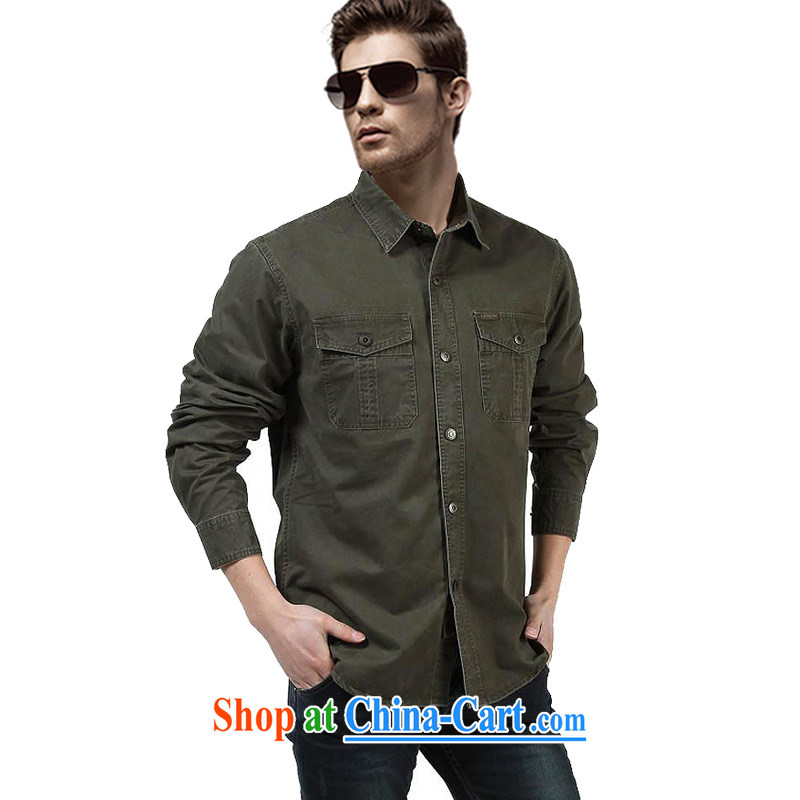Yuen Long, Roma cotton long-sleeved T-shirt men's lapel solid-colored T-shirt 8322 army green L
